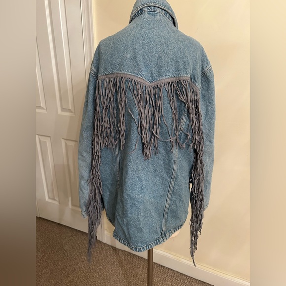 Free People Rodeo Western Fringe Out Denim Jeans Blue Jacket size L - Picture 5 of 9
